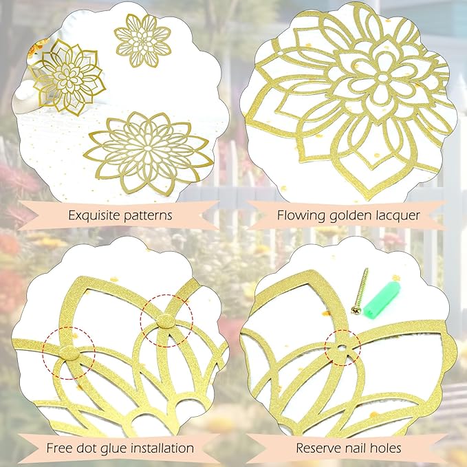 3 Pieces Metal Flowers Wall Decor, Black Wall Decoration Metal, Flower Art Wall Decor Farmhouse Wall Decorations Multiple Flowers Hanging Decor for Bathroom Living Room Home Kitchen Garden Office (Gold Elegant)