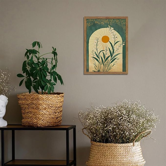Framed Boho Wall Art, Lily of the Valley Emerald Green Sun Canvas, Mystical Country Botanical Wall Decor, Spiritual Flowers Poster Pictures Print for Bedroom Living Room – 12x16 inch