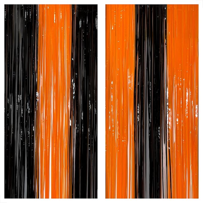 KatchOn, Black and Orange Foil Fringe Curtain - XtraLarge 3.2x8 Feet, Pack of 2 | Orange and Black Streamers, Halloween Decorations | Fringe Backdrop Curtain for Birthday, Basketball Party Decorations