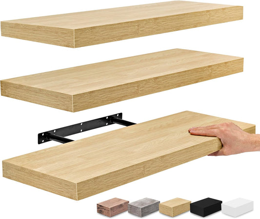 Sorbus Floating Shelves for Wall - 24" Bathroom Shelves, Wall Decor for Bedroom, Kitchen, Living Room, Home Decor & Book Storage - Mounted Floating Shelf with Invisible Brackets (Maple Wood, 3 Pack)