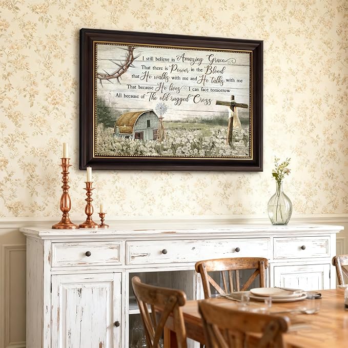 HDXUFJQ Dark Brown Framed Christian Wall Art Barn Windmill Canvas Wall Decor Religious Cross Wall Art I Still Believe In Amazing Grace Picture Print Christian Prayer Decor Paintings(16"x24")