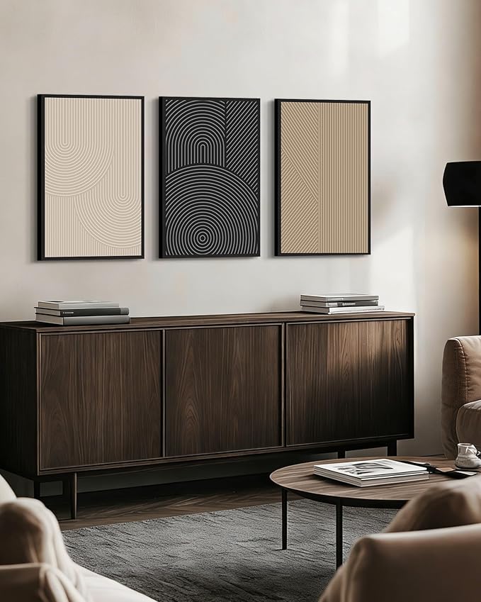 Drsoum Minimalist Boho Wall Art Framed Modern Abstract Neutral Line Wall Decor Mid Century Geometric Artwork Bedroom Living Room 16x24in Black Framed