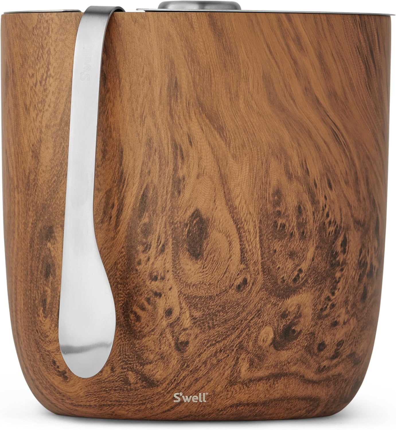 S’well Stainless Steel Ice Bucket with Tongs, 68oz Capacity, Teakwood Finish, Triple-Layer Vacuum Insulated to Keep Ice Colder Longer, BPA-Free Barware