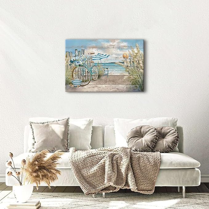 Beach Wall Art Seaside Bicycle Canvas Prints Pictures for Bathroom Decor Ocean Coastal Landscape Wall Decor Nautical Blue Seascape Painting Artwork for Kitchen Living Room Home Decoration 24x36"