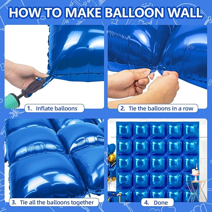 NISOCY 25PCS Blue Square Foil Balloons Wall Backdrop Double Sided Dark Blue Balloons Tunnel Arch Kit for Birthday Baby Shower Graduation Wedding Anniversary Party Decoration