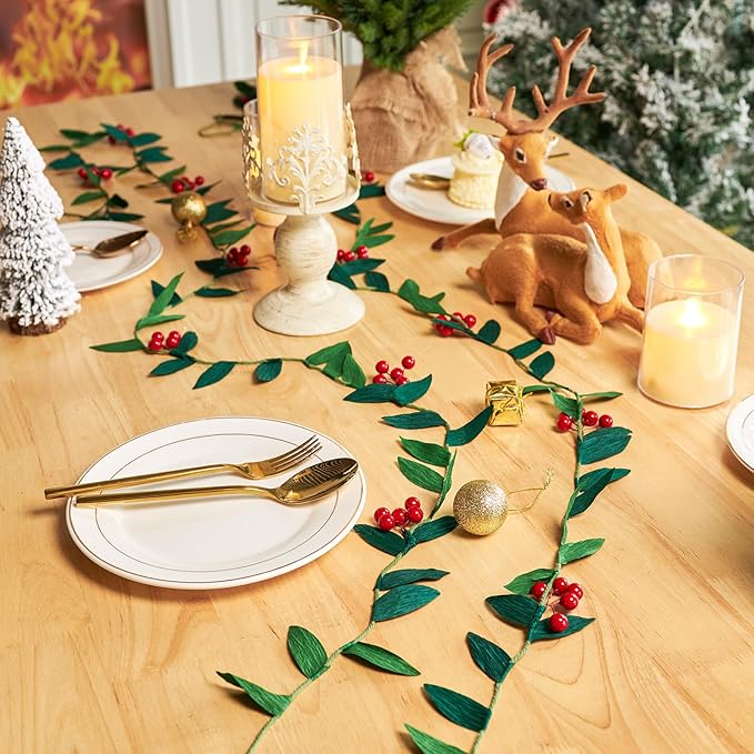 Christmas Banner Garlands 2 Pcs, with Handcrafted Paper Leaves and Decorative Red Berries, Paper Greenery Garland Banner for Xmas Indoor Home Office Decorations