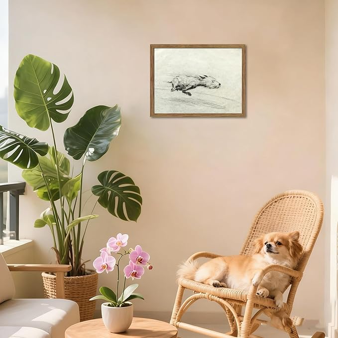 Framed Dog with Zoomies Canvas Wall Art, Vintage Dog Flight Poster Print, Sketch Running Little Pictures Decor, Black and White Silly Wall Decor for Living Room Bedroom – 8x10 inch