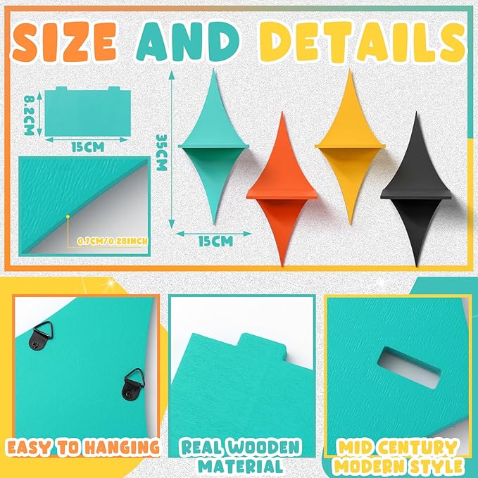 4 Pcs Mid Century Wall Decor Wooden Retro Celestial Star Shaped Burst Wall Art Mount Shelves for Aesthetic Hanging Storage Sign Decoration for Room Bedroom Party(Rhombus)