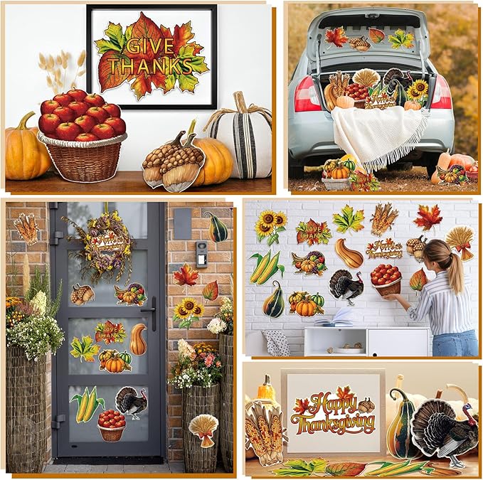 32 Pcs Vintage Thanksgiving Cutouts Fall Harvest Cutouts Cornucopia Decorative Sets Retro Give Thanks Accents Pumpkins Leaves Turkey Decor for Office Bulletin Board Thanksgiving Day Party Wall
