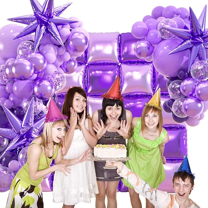 25+149pcs Double-Sided Purple Balloon Wall Kit - 25 Dark/Light Purple Foil Square Balloons 146 Metallic Lavender Purple Latex Balloon Garland & Star Balloons for Wedding, Birthday Backdrop