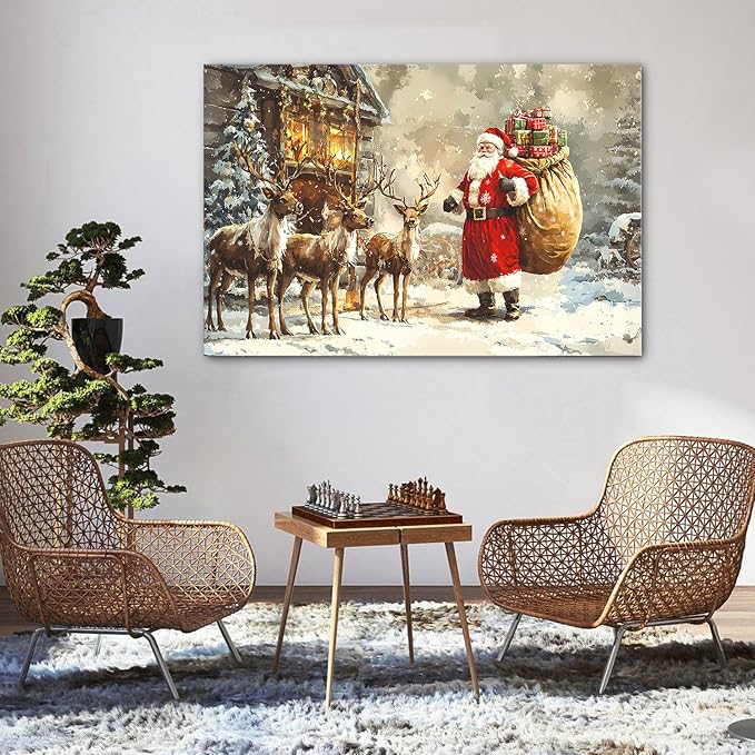 Santa and Reindeer Wall Art Christmas Wall Decor Farmhouse Deer Canvas Prints Pictures Vintage Winter Christmas Tree Landscape Painting Artwork for Kitchen Dining Room Home Decorations 32x48"