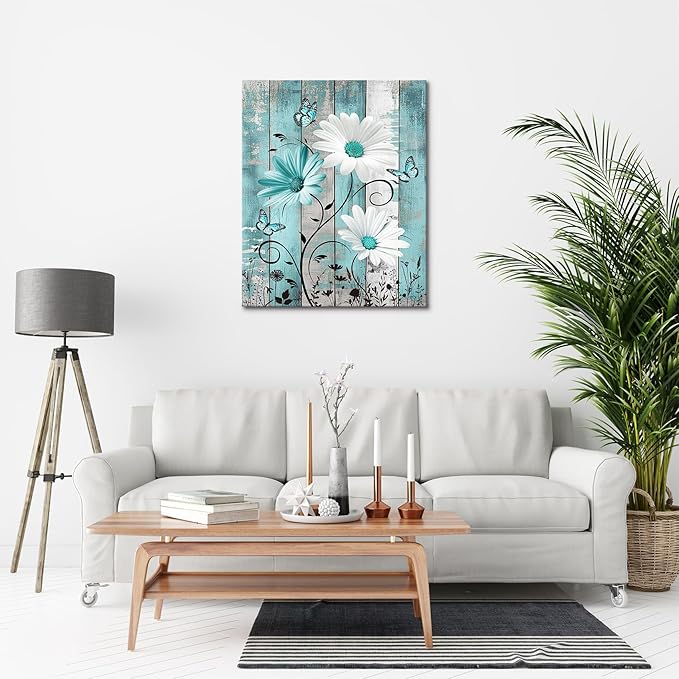 MYUSRE Farmhouse Teal Floral Wall Art for Bathroom, Turquoise Daisy and Butterfly on Retro Wood Canvas Wall Art Wildflower Nature Plant Pictures for Bedroom Living Room Wall Decor, 16L X 12W inches