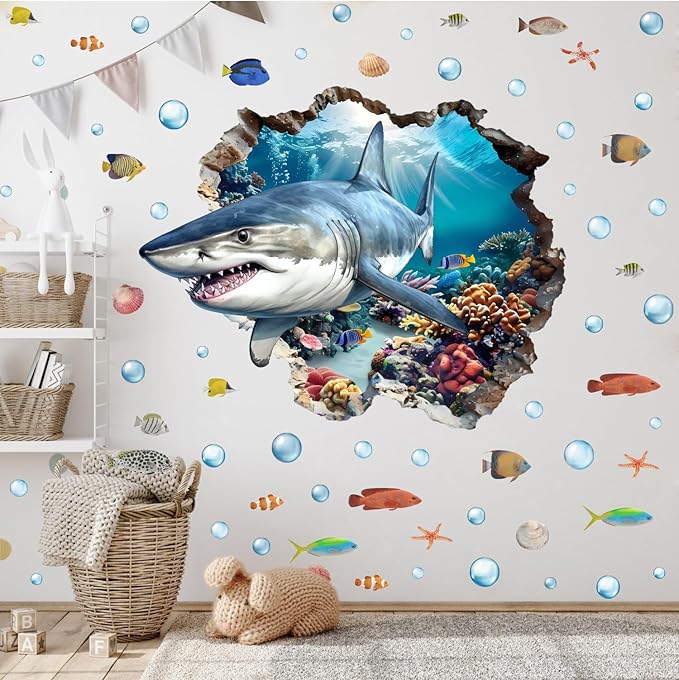 3D Large Shark Wall Decals(28.1”x22.8”), Watercolor Sea World Vinyl Wall Stickers, Removable Cartoon Under The Sea Animal Artwork for Baby Bedroom Playroom Bathroom Decor
