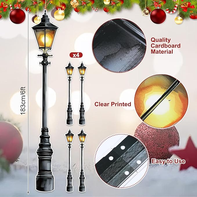 Honoson 4 Pcs 6' Tall Mardi Gras Lamp Post Cutouts Winter Vintage Life Size Lamppost Photo Props New Orleans Carnival Street Light Wall Decorations for Masquerade Party Backdrop Home Decor (Cardboard)