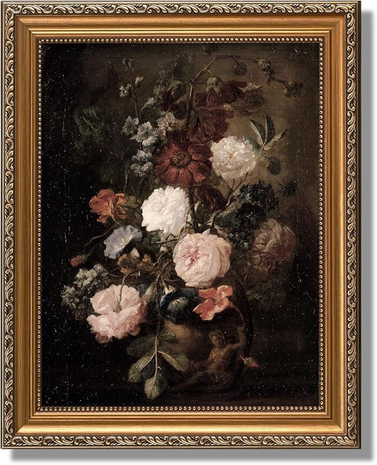 ASTRDECOR Vintage Floral Framed Wall Art, Moody Antique Flower Oil Painting Print, Dark Botanical Canvas Artwork for Rustic Farmhouse & Modern Home Decor, Floral Pictures Canvas Artwork 12x16 inch