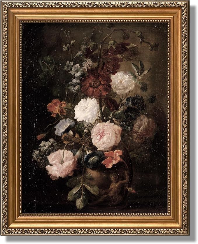 ASTRDECOR Framed Vintage Floral Wall Art, Moody Dark Flower Print, Antique Botanical Oil Painting, Rustic Country Canvas Wall Decor for Living Room Bedroom Shelf, 9x12 inches