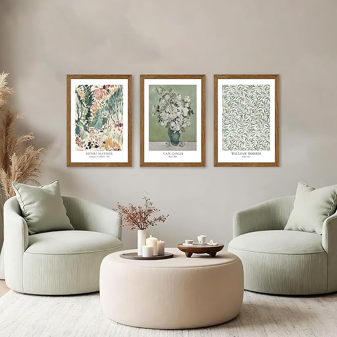 JLTULT 3 Piece Vintage Sage Green Canvas Wall Art, Van Gogh Matisse Wall Decor, Botanical Painting Artwork Prints for Living Room Bedroom Home Office 16X24 inch Wood Framed Easy to Hang