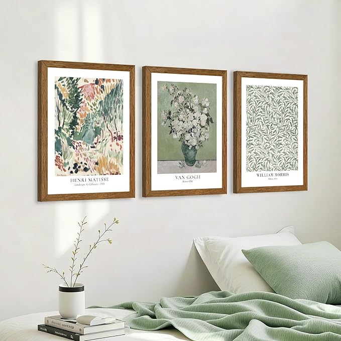 JLTULT 3 Piece Vintage Sage Green Canvas Wall Art, Van Gogh Matisse Wall Decor, Botanical Painting Artwork Prints for Living Room Bedroom Home Office 16X24 inch Wood Framed Easy to Hang