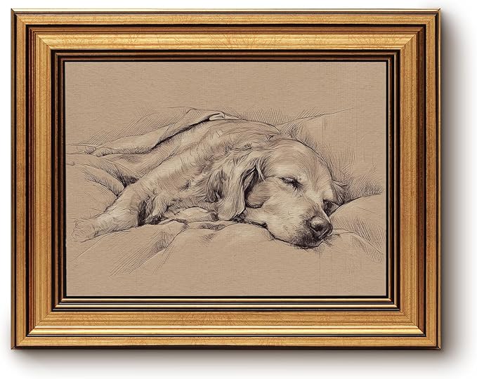 InSimSea Gold Framed Canvas Wall Art, Vintage Wall Decor for Living Room, Sketch Dog Sleep Paintings Farmhouse Decor Aesthetic, Small Minimalist Prints for Bedroom Shelf Gift, 8x10inch