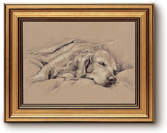 InSimSea Gold Framed Canvas Wall Art, Vintage Wall Decor for Living Room, Sketch Dog Sleep Paintings Farmhouse Decor Aesthetic, Small Minimalist Prints for Bedroom Shelf Gift, 8x10inch
