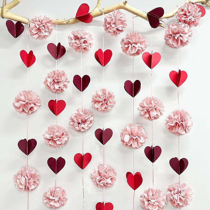 Dusty Rose Pink Party Decoration Tissue Flowers Pom Pom with Burgundy Red 3D Heart Hanging Paper Garland Banner Streamer for Valentines Day Birthday Baby Shower Wedding Bridal Shower Party Supplies