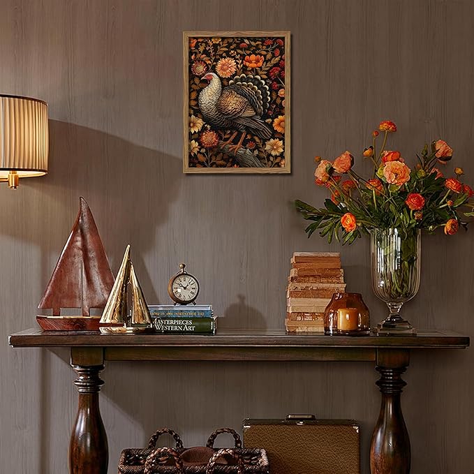 Framed Vintage Turkey 3D Textures Wall Art – Fall Floral Thanksgiving Wall Decor, Rustic Autumn Harvest Bird Artwork Painting for Living Room Kitchen Dining Room – 12x16in