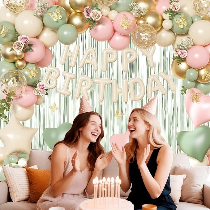 Pink and Sage Green Birthday Decorations, Pink Green Sand White Metallic Gold Foil Confetti Balloons Happy Birthday Banner Gold Butterfly Fringe Curtains Birthday Decorations for Women Girls Teens