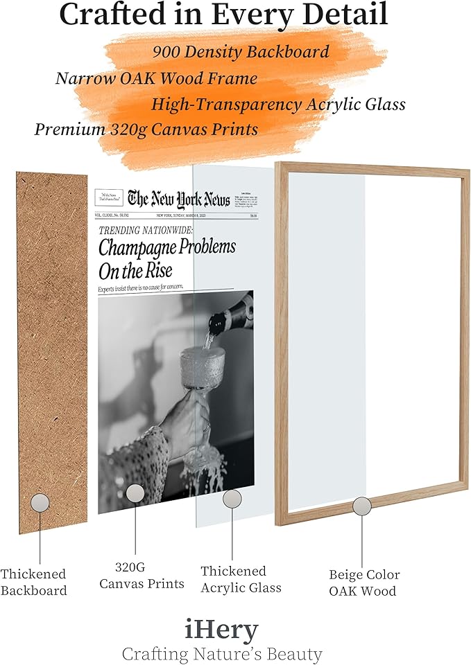 iHery Champagne Problems On the Rise Newspaper Headline Framed Wall Art, Natural OAK Wood Trendy 12x16 in Canvas Wall Art Décor For Bedroom Living Room Bathroom Set of 1