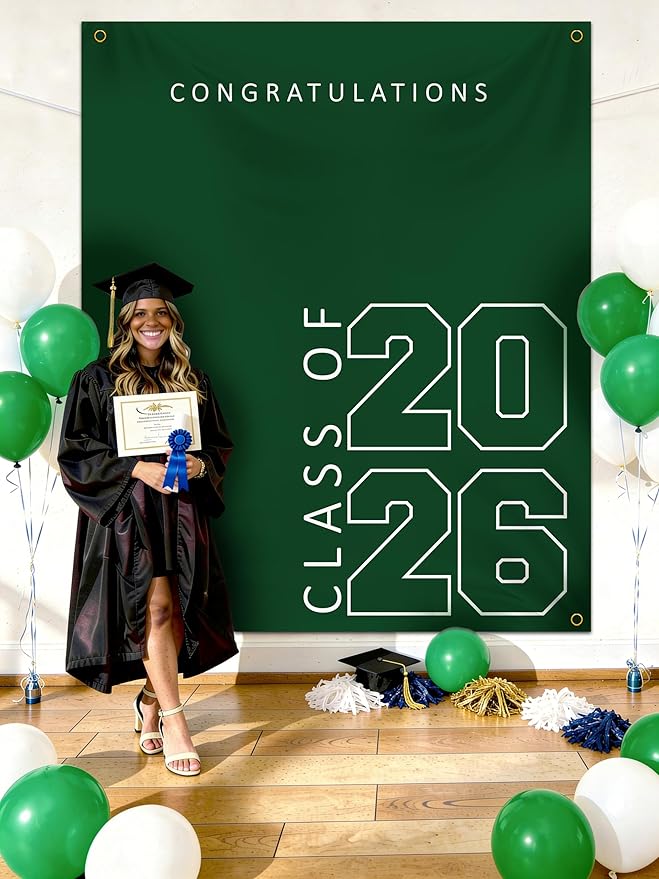 Class of 2026 Graduation Banner 5X6feet - Large CONGRATS GRAD Polyester Banner, Photo Backdrop & Wall Decor for Commencement Party Supplies, Green and White Graduation Party Decorations for High School & College
