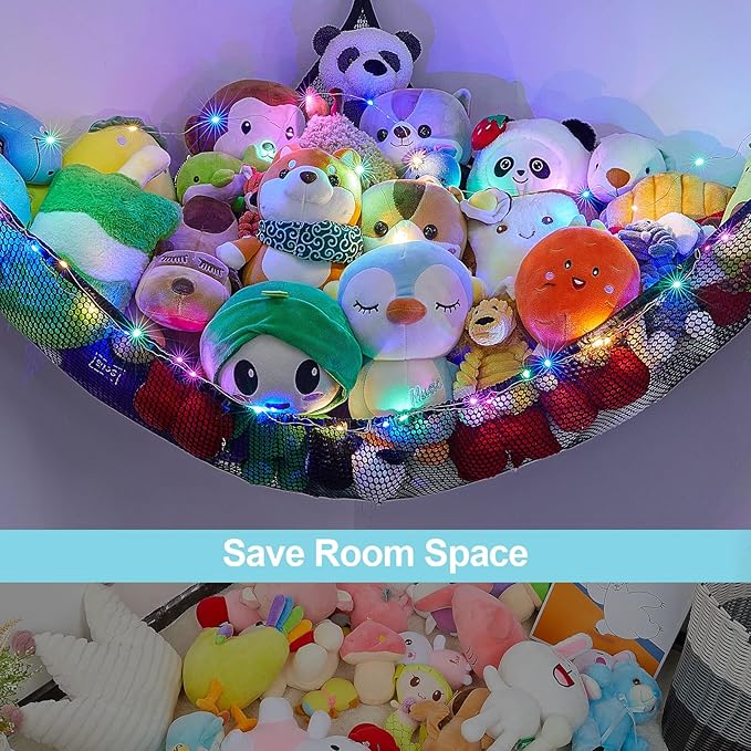 Unicorn Castle Stuffed Animals Net or Hammock Kids Toy Storage Organizer with LED Light Hanging Corner Stuffed Animals Holder Kids Girls Room Decor,Black,Large (Pack of 1)