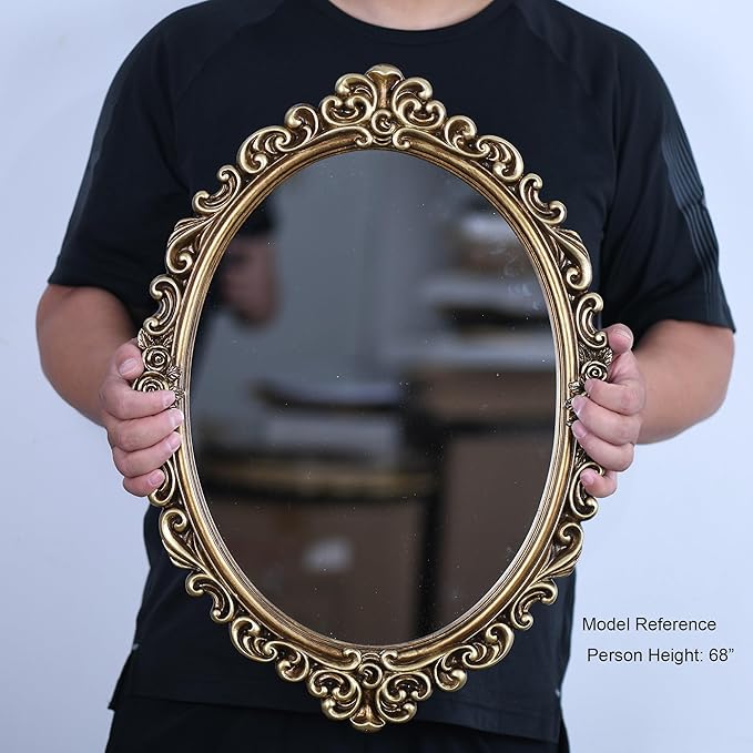 OIGUMR Medium Oval Wall Mirror Resin Frame Size：20.4 x 14.5 inch Vintage Hanging Mirrors for Bedroom Living-Room Dresser Decor Gold