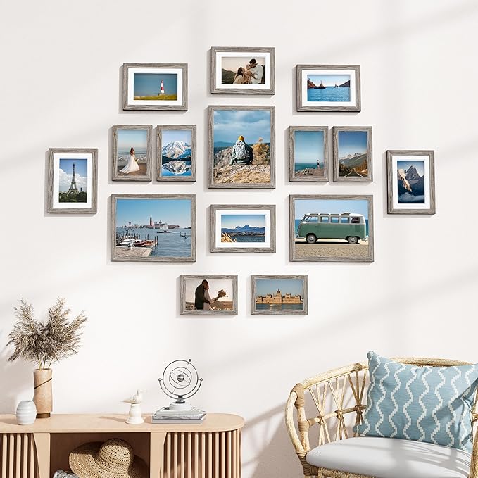 Vittanly 15 Pack Picture Frames Collage Wall Decor for Mounting or Tabletop Display, Gallery Frame Set for Family, Multi Sizes Including 3pcs 8x10, 6pcs 5x7, 6pcs 4x6, Dark Grey