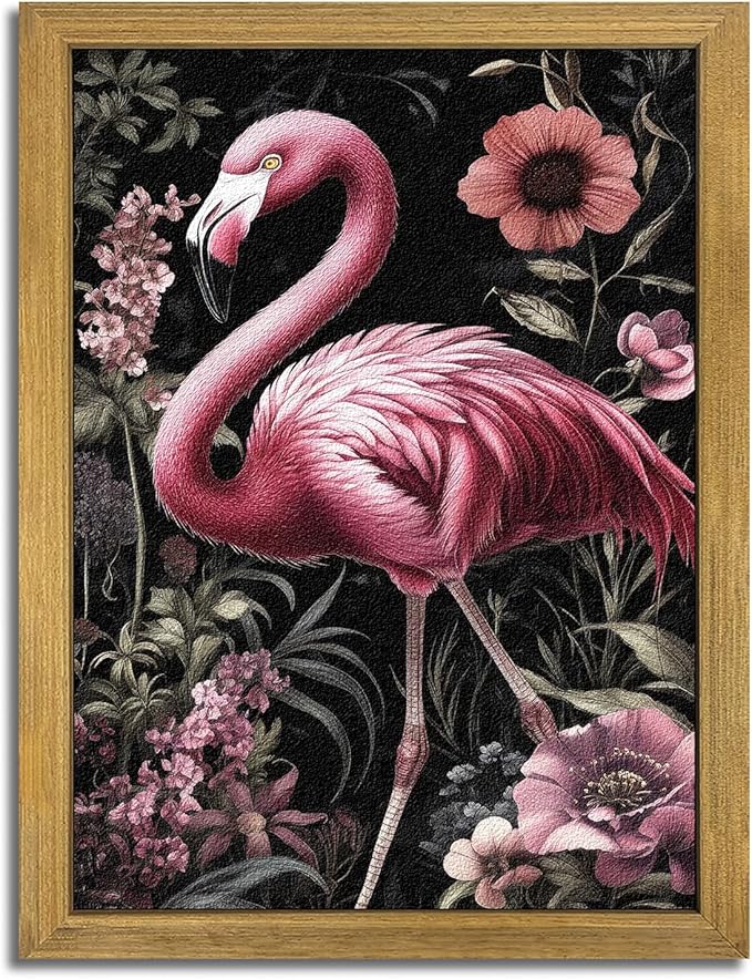 Framed 3D Textured Wall Art, Hand Drawn Sandstone Flamingos Wall Decor Paintings, Vintage Animal Floral Botanical Aesthetic Picture, Pink Academia Decor for Living Room Bathroom Home 12x16 inch