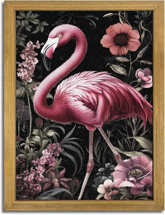 Framed 3D Textured Wall Art, Hand Drawn Sandstone Flamingos Wall Decor Paintings, Vintage Animal Floral Botanical Aesthetic Picture, Pink Academia Decor for Living Room Bathroom Home 12x16 inch