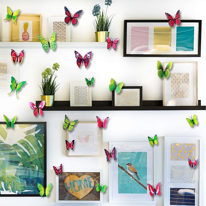 24pcs 3D Vivid Special Man-Made Lively Butterfly Wall Stickers Removable Butterflies Wall Decals 3D Nursery Art Decor for Kids Girls Bedroom Living Room Classroom Party Decoration Pink & Green