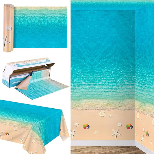 Kochorie Summer Beach Tablecloth Roll with Cutter Box 100 Ft X 54 Inch Beach Themed Party Tablecover Disposable Beach Ball Plastic Tablecloth Ocean Backdrop for Summer Beach Pool Birthday Party Supply