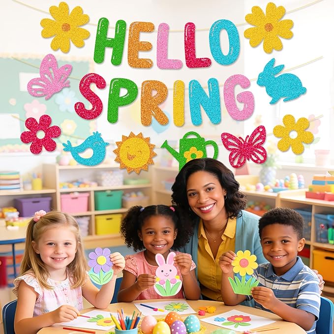 Hello Spring Banner, Glitter Spring Decoration for Home, Classroom, Easter Party & Porch - Floral Welcome Sign for Indoor Outdoor Door Wall Decor, Easter Seasonal Themed Photo Backdrop