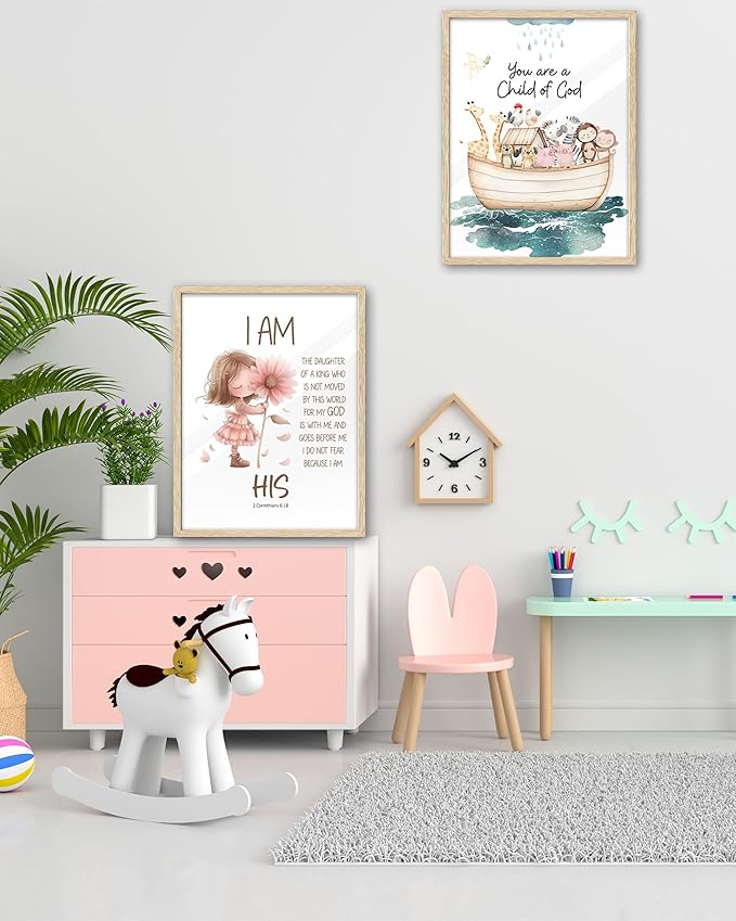 KensTro Natural OAK Wood Nursery Decor Framed Wall Art, 12x16 in Inspirational Christian Bible Verse Wall Art,I Am a Daughter of The King Scripture Pink Print for Girls Playroom Bedroom Decor Set of 1