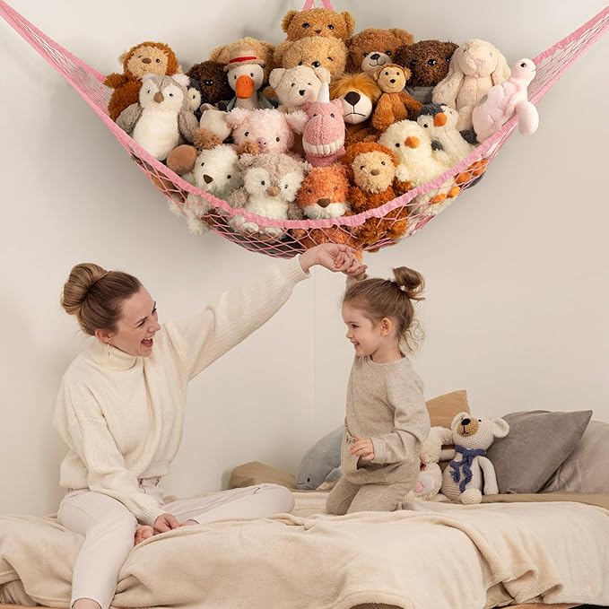 Stuffed Animal Storage Hammock Net Corner - Large Toy Hammock Net for Stuffed Animals Room Decor - Cute Stuff Animal Organizer Holder for Plush Plushie - Kids Baby Nursery Wall Bedroom Home Decor