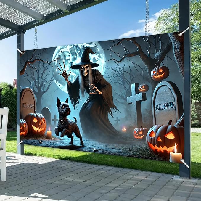 Halloween Witch Cemetery Banner 71x43 Inch Funny Dog and Skeleton Witch Banner Graveyard Wall Decor with Pumpkins and Moon for Spooky Trick or Treat Party Indoor Outdoor Decoration
