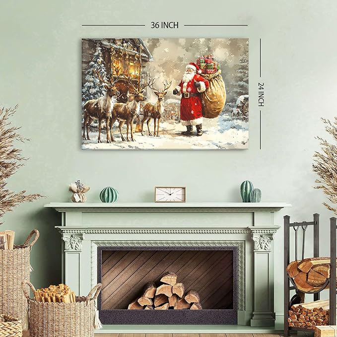 Vintage Christmas Wall Art Rustic Farmhouse Santa Claus Wall Decor Winter Deer Canvas Pictures Christmas Tree Santa and Reindeer Painting Artwork for Living Room Bathroom Home Decorations 24x36"