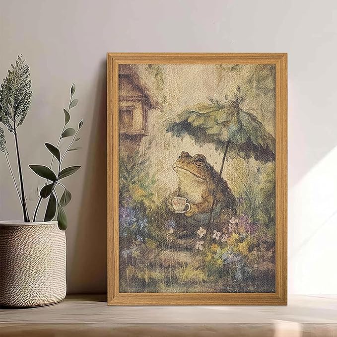 3D Textured Framed Vintage Frog Wall Art, Rustic Farmhouse Animal Wall Decor, Funny Frog with Umbrella Sandstone Painting, Whimsical Cottagecore Picture for Living Room Bedroom 16x24 Inch