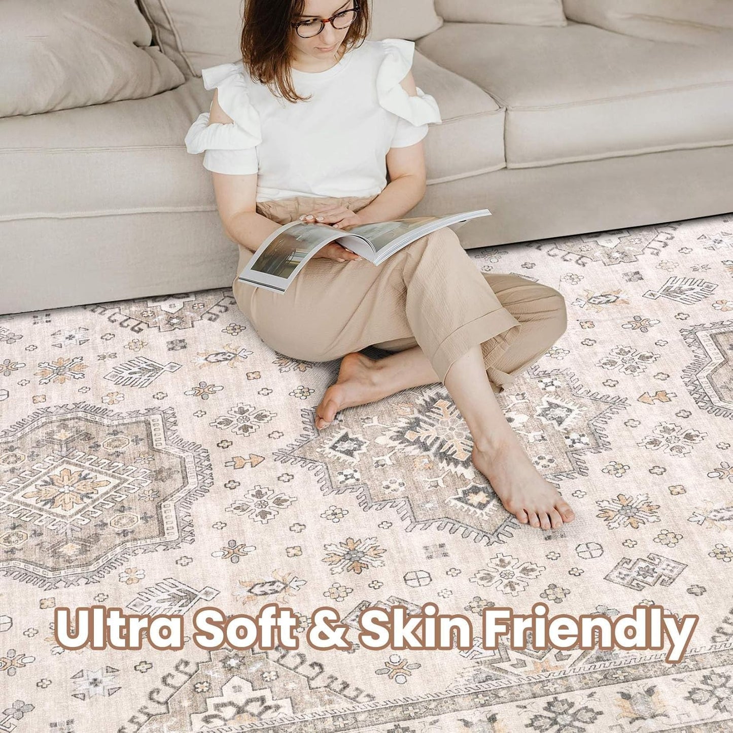 Washable Area Rugs for Living Room -10x12 Neutral Vintage Distressed Floral Farmhouse Boho Large Soft Floor Rug Indoor Non Slip Carpet for Living Room Bedroom Dining Room Office-Beige Brown