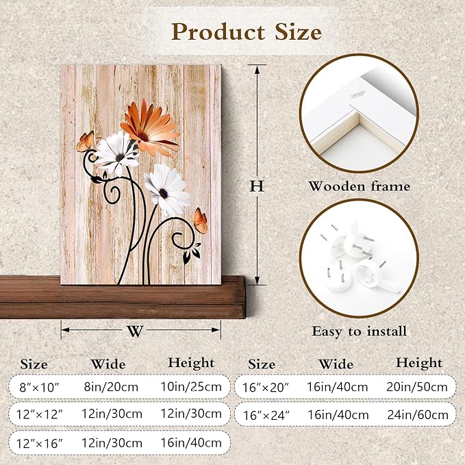 HVEST Orange Daisy Wall Art Vintage Floral and Butterfly on Rustic Wooden Canvas Wall Art Farmhouse Plant Wall Art for Living Room Bathroom Bedroom Office Decor, 10Lx8W Inches