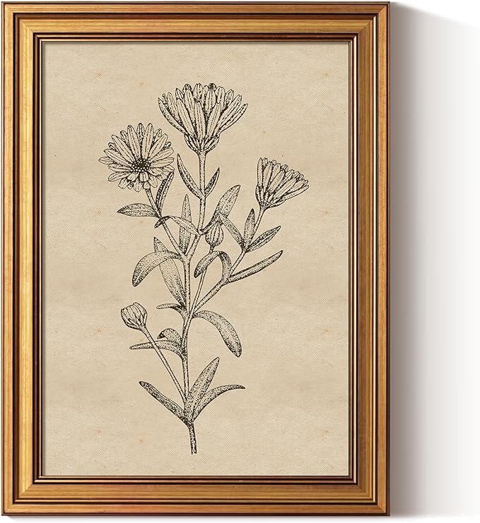 ARPEOTCY Gold Framed Canvas Art Prints,12x16inch, Botanical Wildflower Art Painting, Vintage Country Decor for Bathroom Bedroom Kitchen Shelf, Rustic Cottagecore Minimalist Plant Pictures