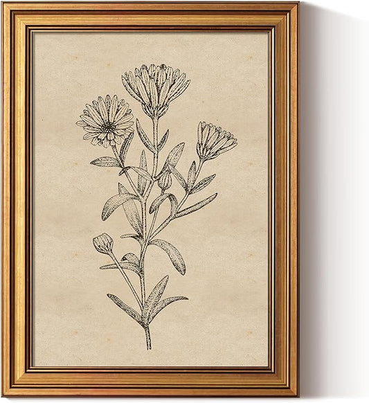 ARPEOTCY Gold Framed Canvas Art Prints,12x16inch, Botanical Wildflower Art Painting, Vintage Country Decor for Bathroom Bedroom Kitchen Shelf, Rustic Cottagecore Minimalist Plant Pictures