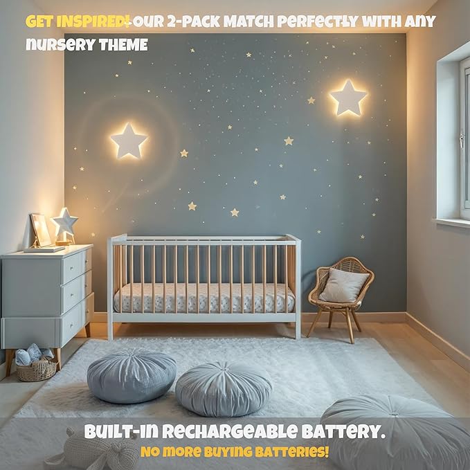 Star Wall Lights 2 Pack – Dimmable & Rechargeable for Kids & Baby Room Decor – Made for Bedtime Routines (Moon & Star Decals Included)
