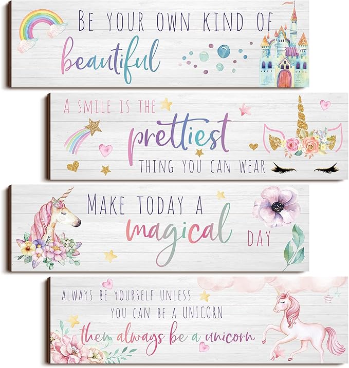 Yulejo Unicorn Wall Decor Girls Rainbow Wall Art Unicorn Room Decor Rainbow Motivational Inspirational Room Bedroom Decorations for Christmas Girl Kids Bedroom Nursery Decoration Gift (Adorable Style)