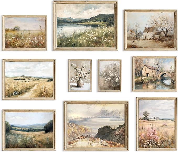 Aroutde 10Pcs French Country Canvas Wall Decor Vintage Spring Farmhouse Art Prints Floral Botanical Pictures Landscape Printing for Home Bedroom Decor (Unframed)