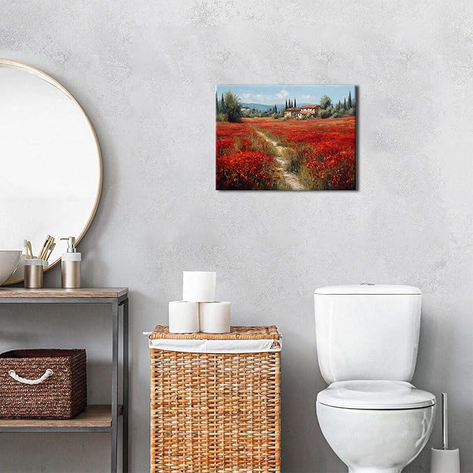Abstract Red Poppy Wall Art Nature Flowers Botanical Wall Decor Farmhouse Spring Floral Pictures for Bathroom Rustic Country Wildflowers Painting Artwork for Living Room Bedroom Home Decoration 12x16"